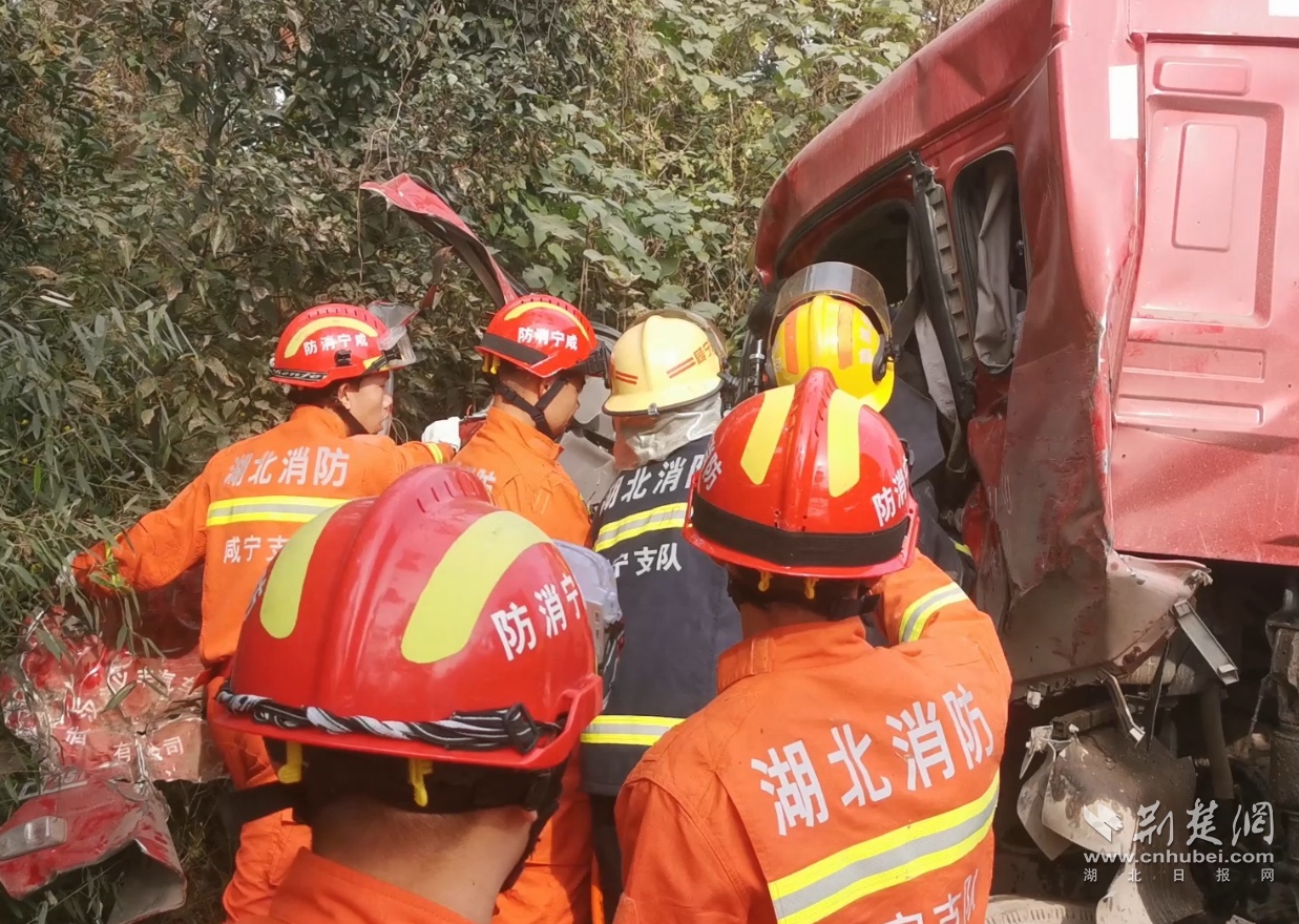 咸宁一货车撞树司机被困 消防5分钟紧急救援