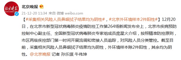 北京：采集相关风险人员鼻咽拭子结果均为阴性，外环境样本2件阳性