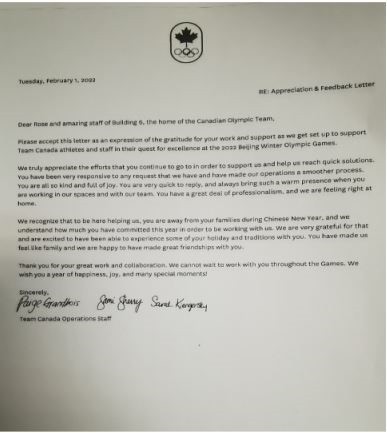 加拿大冬奥团队给中国工作人员写感谢信：像家人一样 建立了深厚的友谊