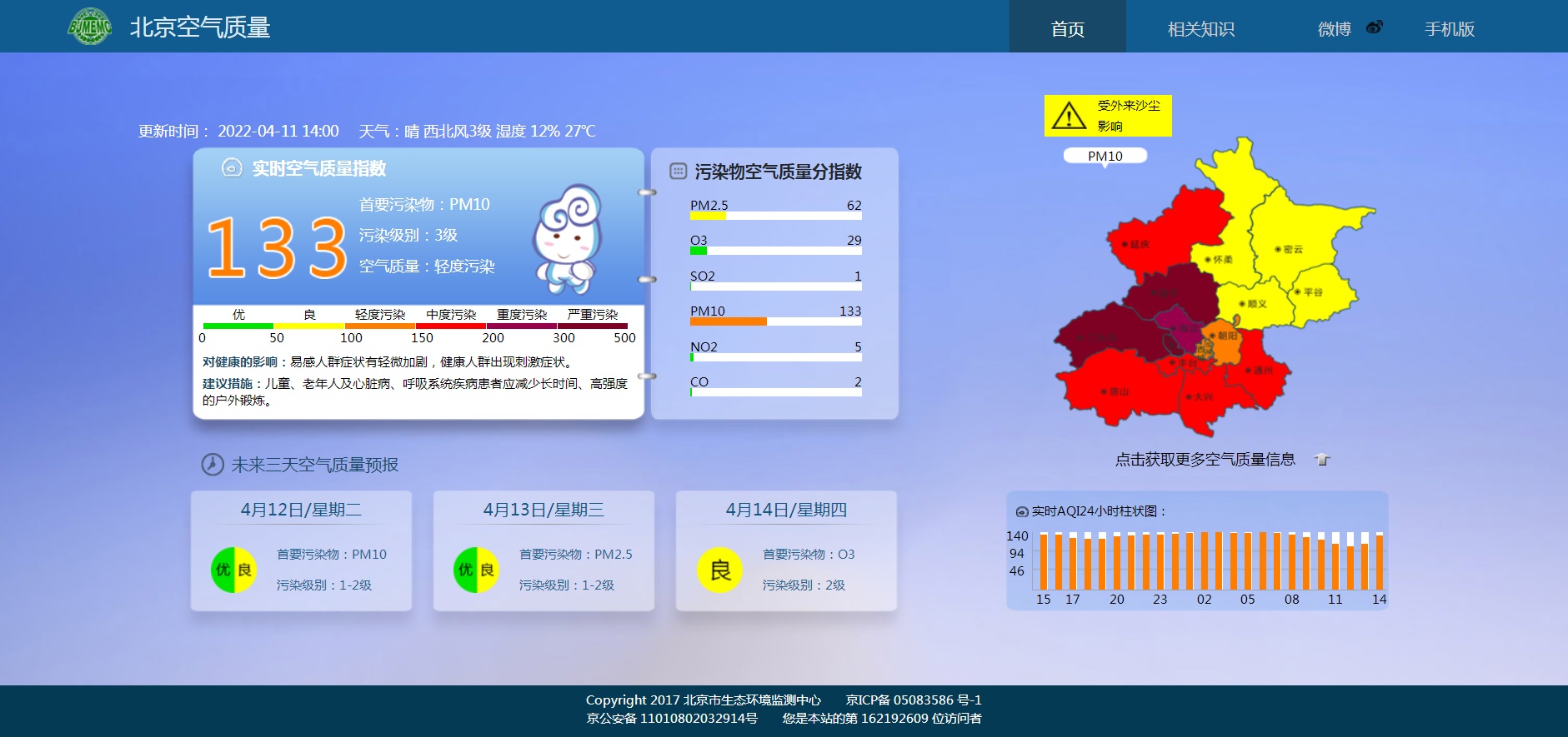 北京全市空气质量已达轻度污染，部分地区达严重污染水平