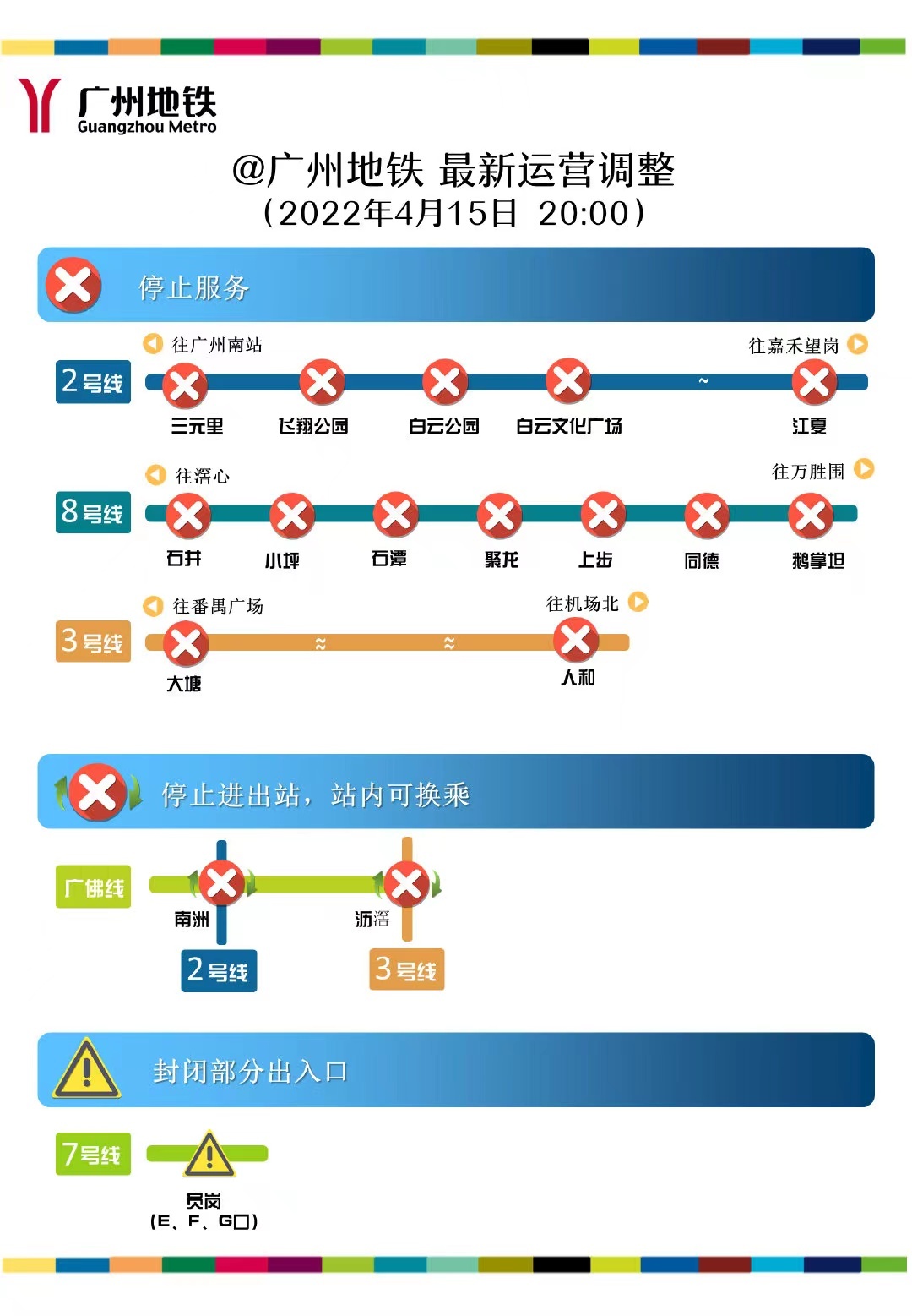 广州地铁8号线鹅掌坦站、同德站暂停服务