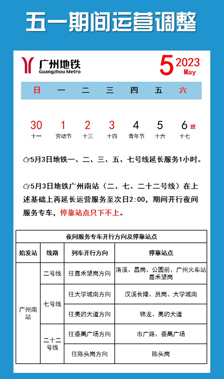 广州地铁一、二、三、五、七号线延长服务1小时！附地铁安检小提示